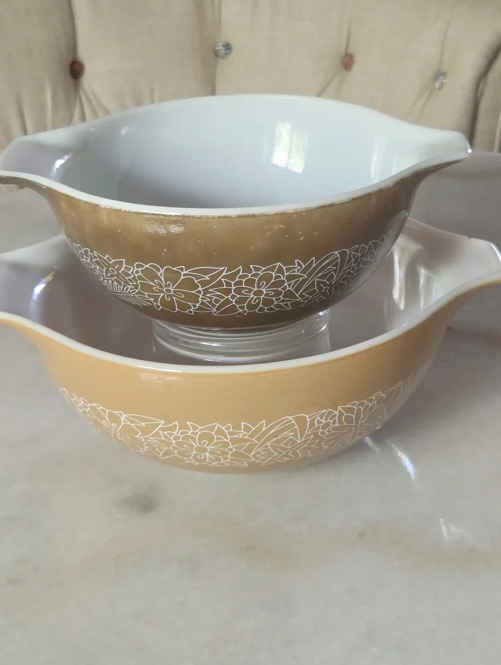 Vintage PYREX Woodland Tan Brown Cinderella Nesting Mixing Bowl Set #442 #443